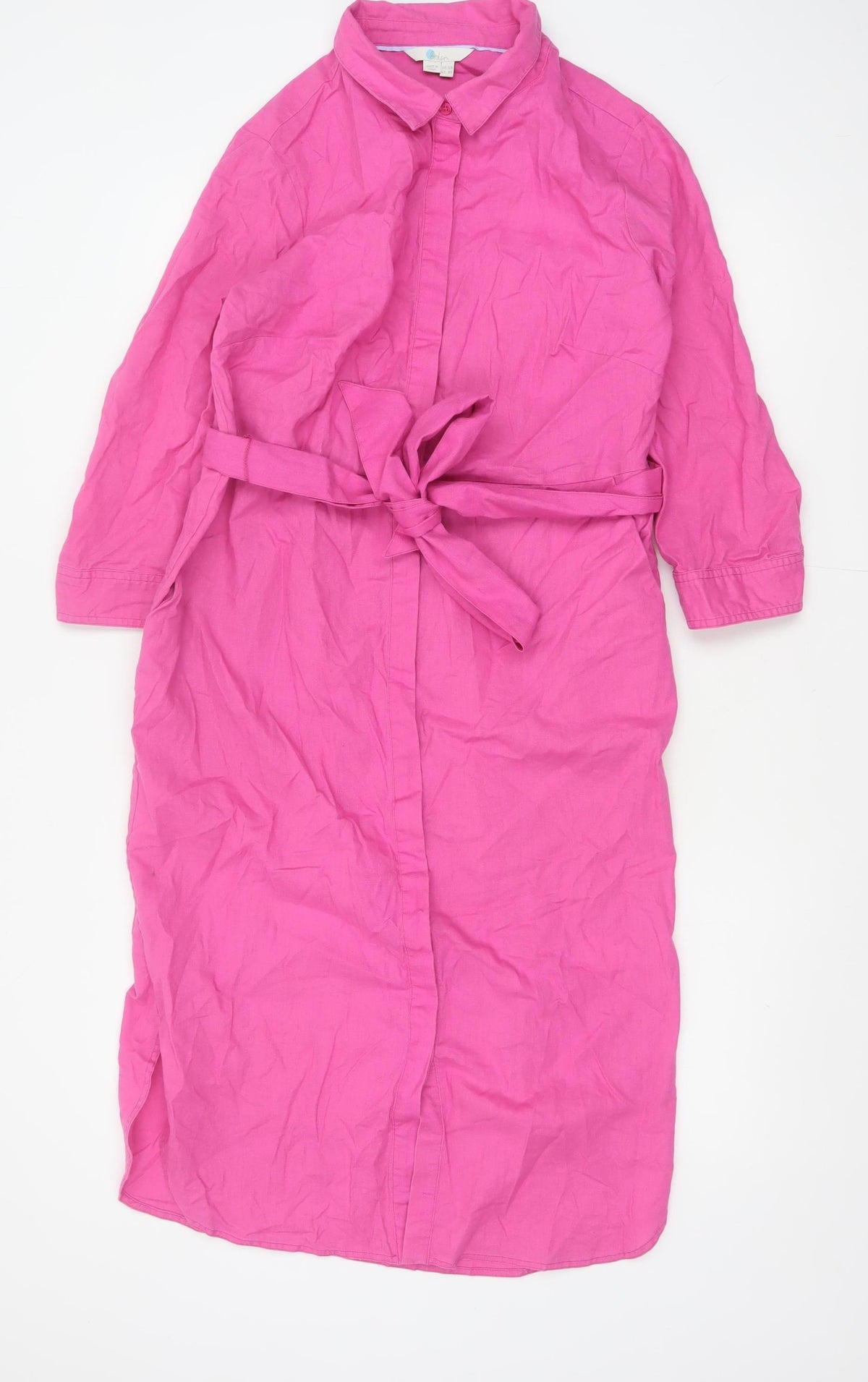 Boden Women Pink UK 12R Long Linen Cotton Belted Shirt Dress