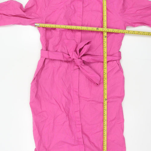 Boden Women Pink UK 12R Long Linen Cotton Belted Shirt Dress