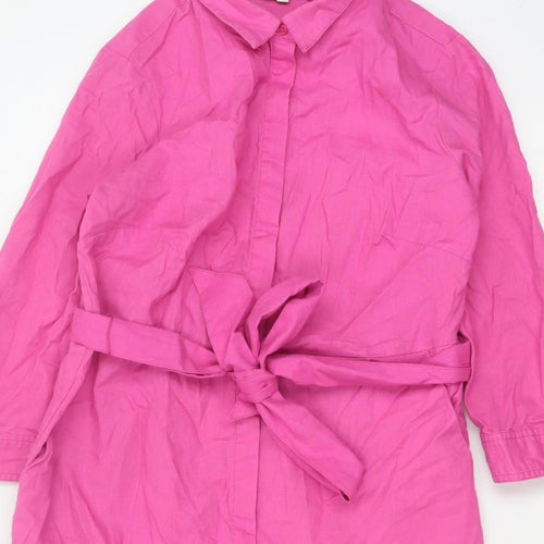Boden Women Pink UK 12R Long Linen Cotton Belted Shirt Dress