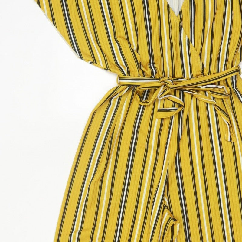 New Look Women Yellow Stripe Wide-Leg V-Neck Belted Jumpsuit UK 14