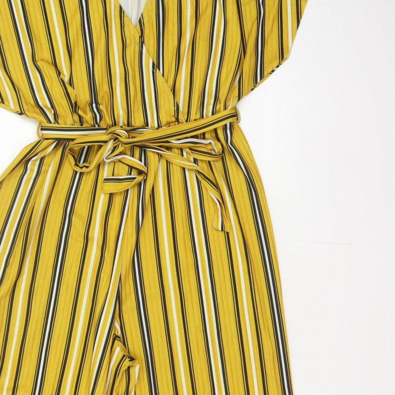 New Look Women Yellow Stripe Wide-Leg V-Neck Belted Jumpsuit UK 14