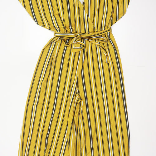 New Look Women Yellow Stripe Wide-Leg V-Neck Belted Jumpsuit UK 14