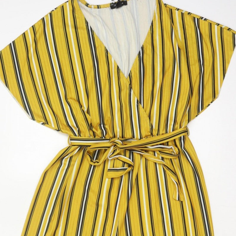 New Look Women Yellow Stripe Wide-Leg V-Neck Belted Jumpsuit UK 14