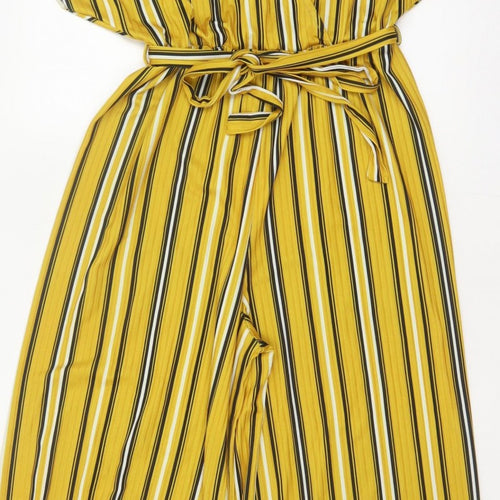 New Look Women Yellow Stripe Wide-Leg V-Neck Belted Jumpsuit UK 14
