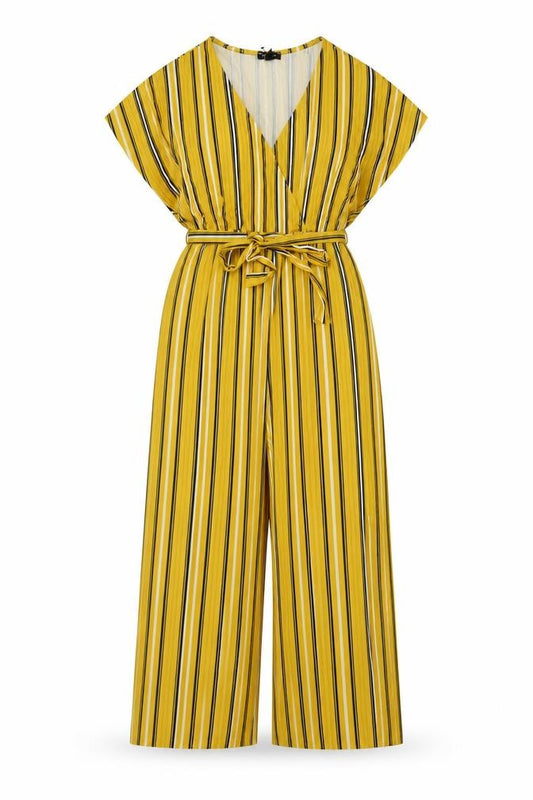 New Look Women Yellow Stripe Wide-Leg V-Neck Belted Jumpsuit UK 14