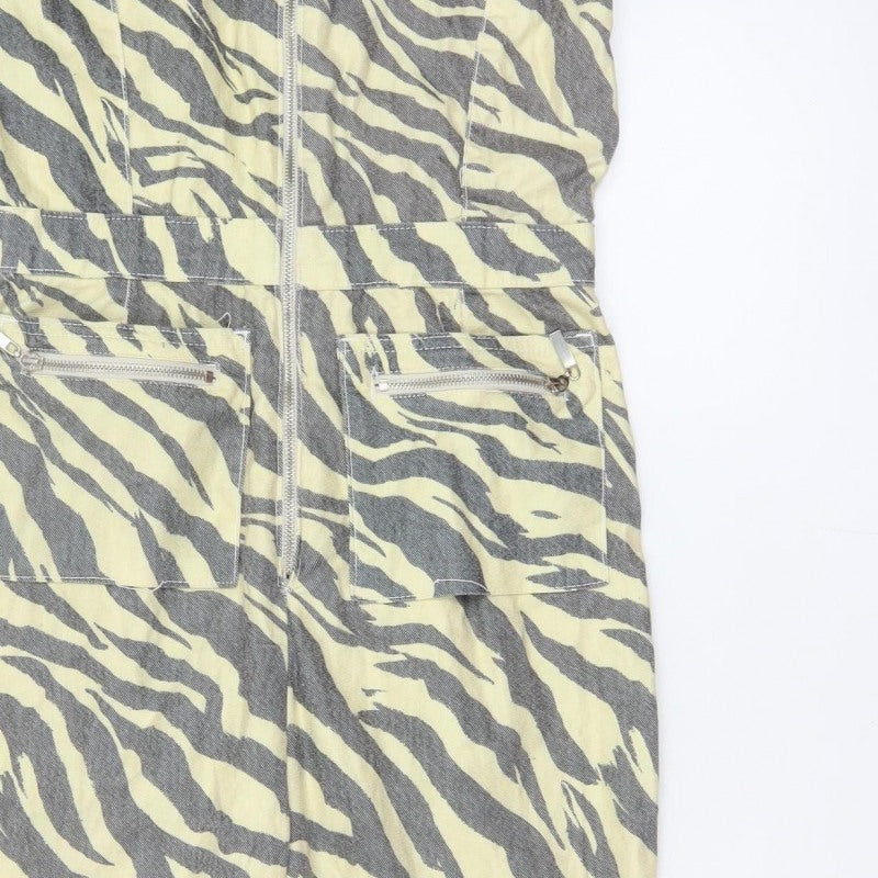 Nasty Gal Women Beige Grey Zebra Print Zip Wide-Leg Jumpsuit UK 12