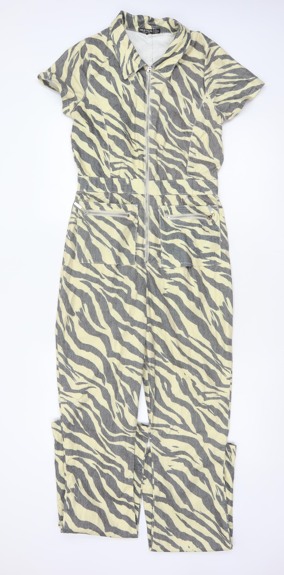 Nasty Gal Women Beige Grey Zebra Print Zip Wide-Leg Jumpsuit UK 12