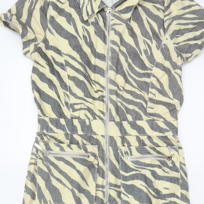 Nasty Gal Women Beige Grey Zebra Print Zip Wide-Leg Jumpsuit UK 12