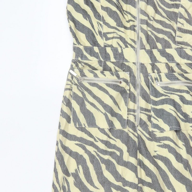 Nasty Gal Women Beige Grey Zebra Print Zip Wide-Leg Jumpsuit UK 12