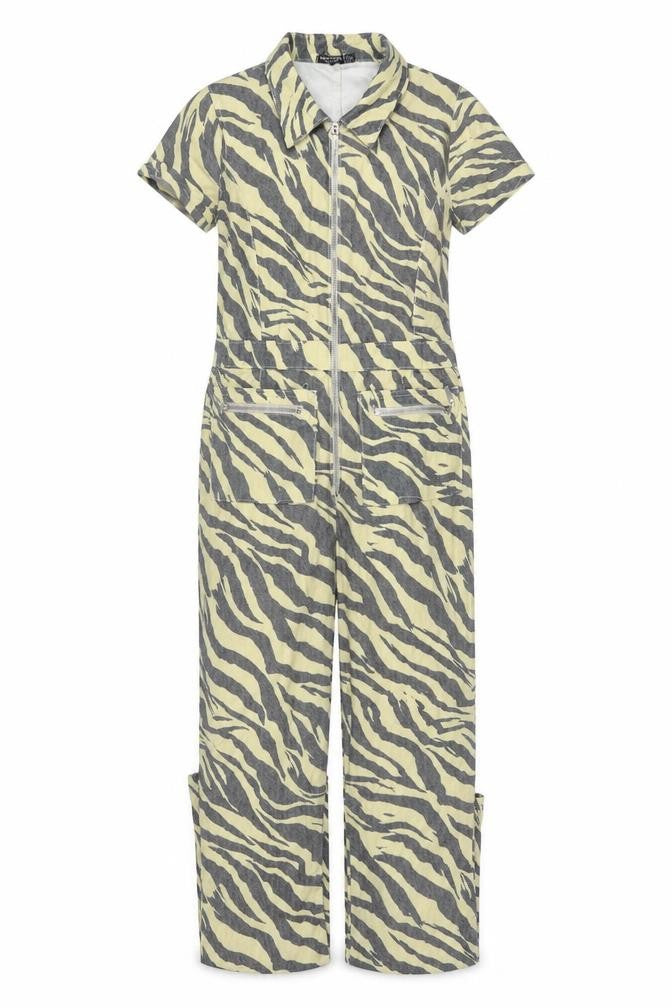 Nasty Gal Women Beige Grey Zebra Print Zip Wide-Leg Jumpsuit UK 12