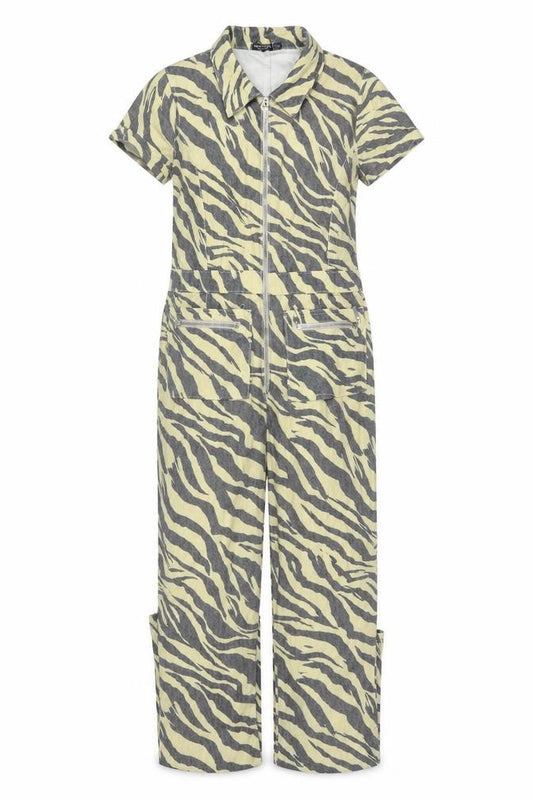 Nasty Gal Women Beige Grey Zebra Print Zip Wide-Leg Jumpsuit UK 12