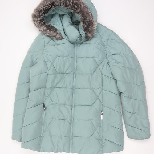 Roman Women Green UK 16 Hooded Faux Fur Trim Quilted Puffer Jacket