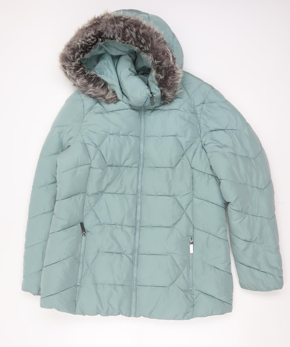 Roman Women Green UK 16 Hooded Faux Fur Trim Quilted Puffer Jacket