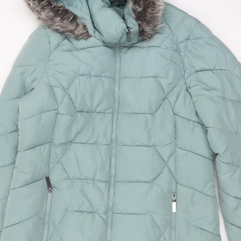 Roman Women Green UK 16 Hooded Faux Fur Trim Quilted Puffer Jacket