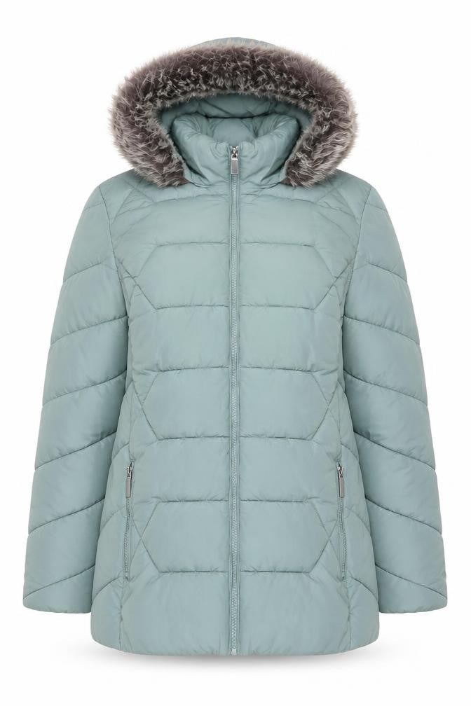 Roman Women Green UK 16 Hooded Faux Fur Trim Quilted Puffer Jacket