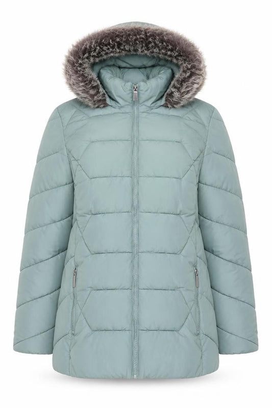 Roman Women Green UK 16 Hooded Faux Fur Trim Quilted Puffer Jacket