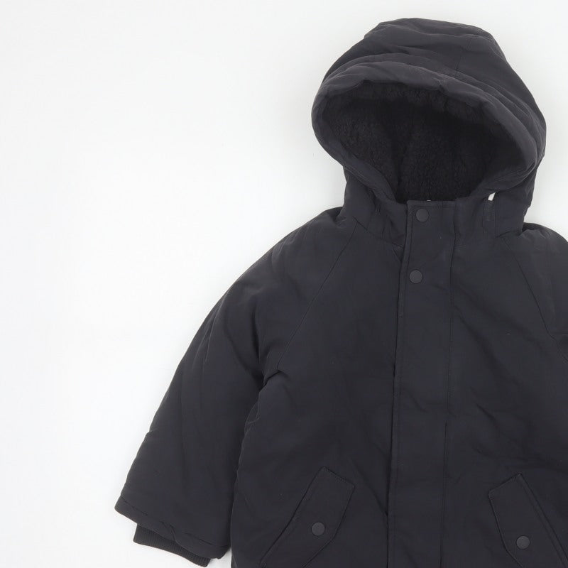 M&S Boys Black 5-6 Years Hooded Padded Parka Coat Reflective