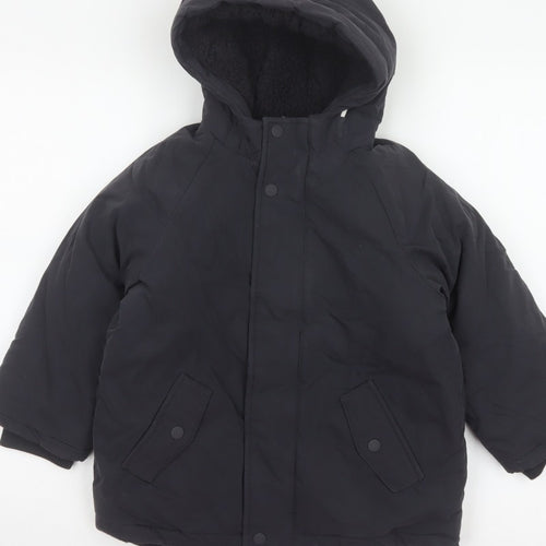 M&S Boys Black 5-6 Years Hooded Padded Parka Coat Reflective