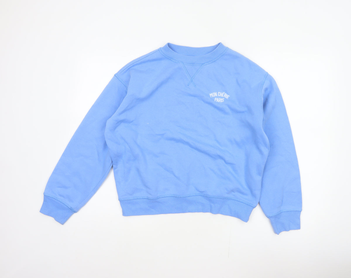 Back view of H&M Women Blue XS Pullover Sweatshirt Mon Chérie Paris Crew Neck