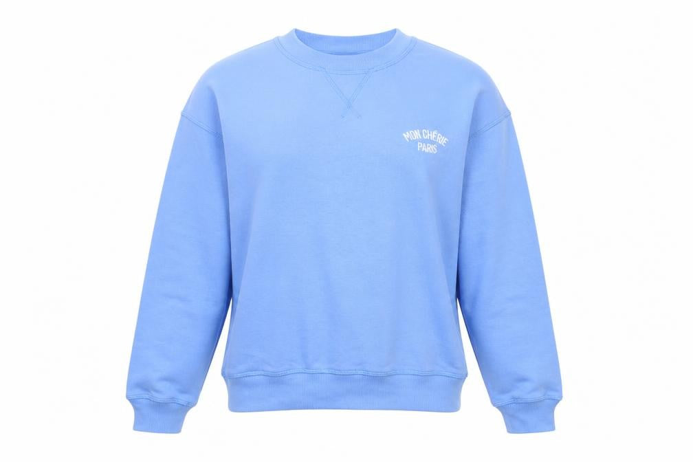 Front view of H&M Women Blue XS Pullover Sweatshirt Mon Chérie Paris Crew Neck