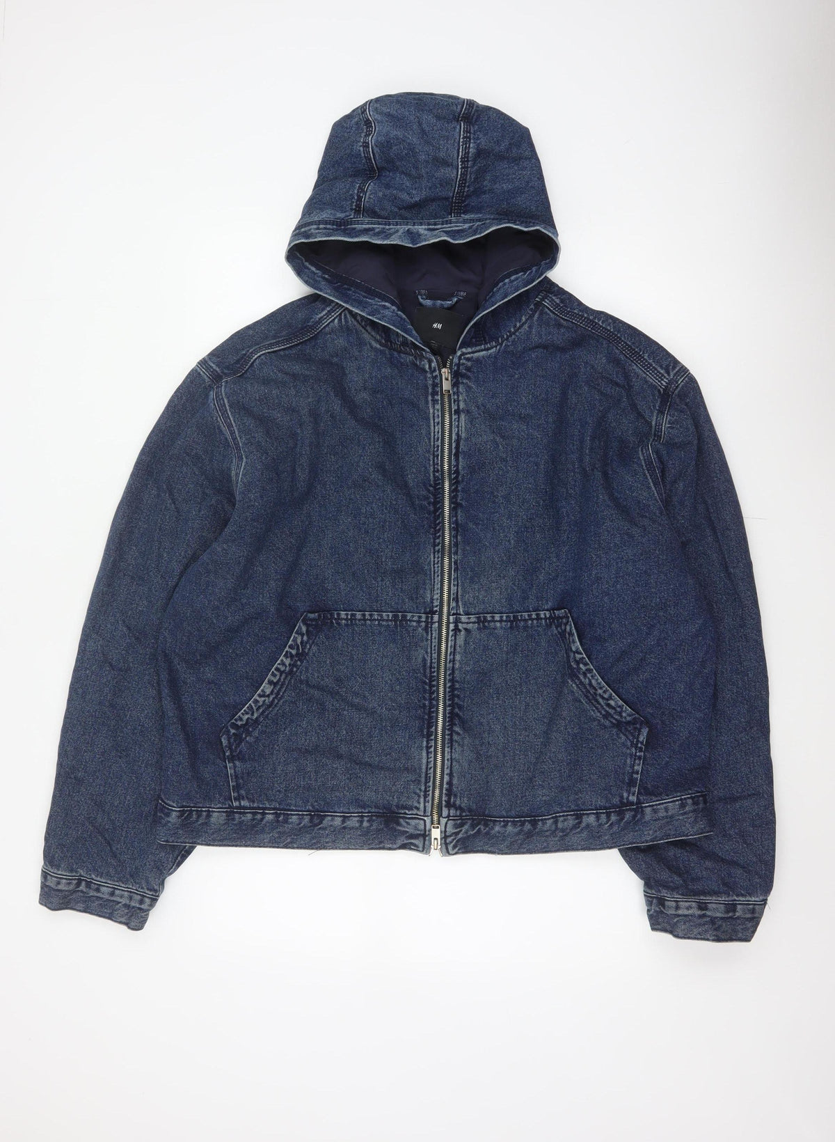H&M Women's Blue XL Hooded Denim Full Zip Lined Jacket