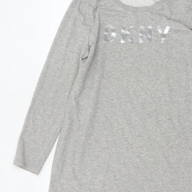 DKNY Women Grey S French Terry Jumper Dress Logo Graphic Long Sleeve