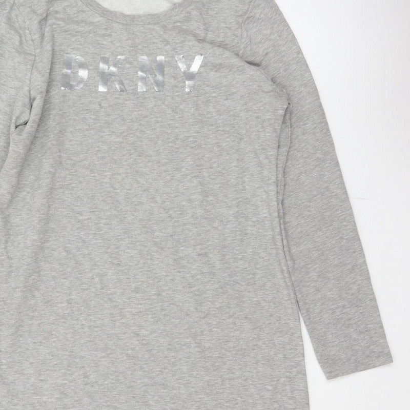 DKNY Women Grey S French Terry Jumper Dress Logo Graphic Long Sleeve