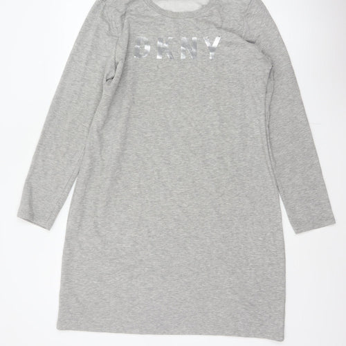 DKNY Women Grey S French Terry Jumper Dress Logo Graphic Long Sleeve