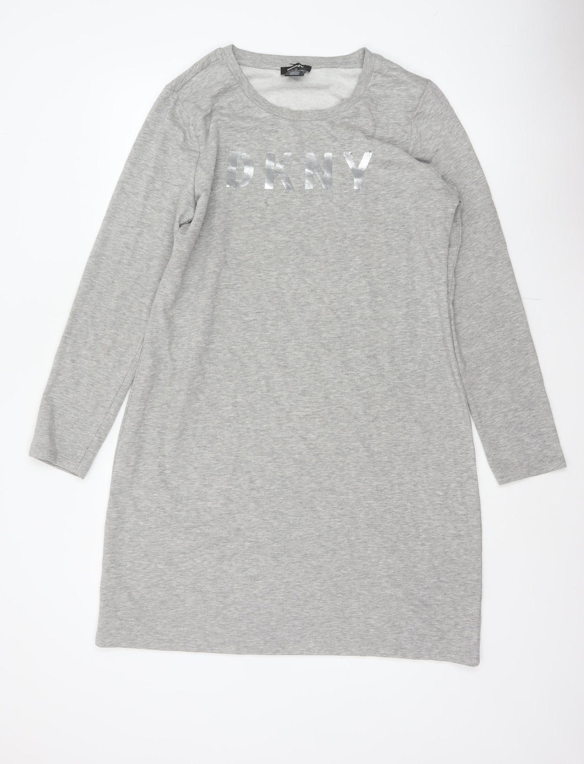 DKNY Women Grey S French Terry Jumper Dress Logo Graphic Long Sleeve