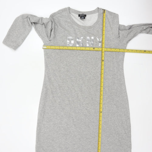 DKNY Women Grey S French Terry Jumper Dress Logo Graphic Long Sleeve