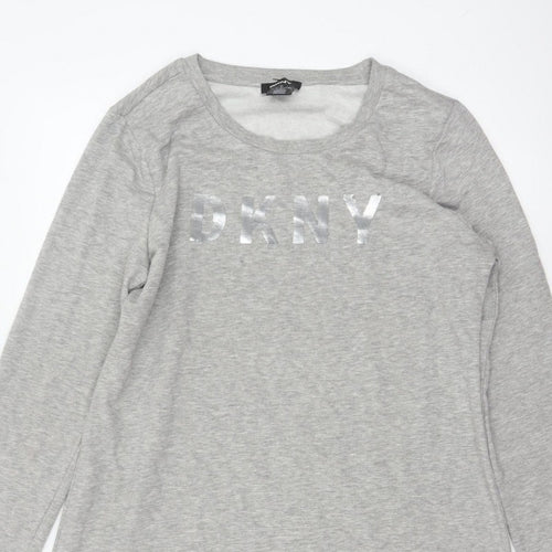 DKNY Women Grey S French Terry Jumper Dress Logo Graphic Long Sleeve