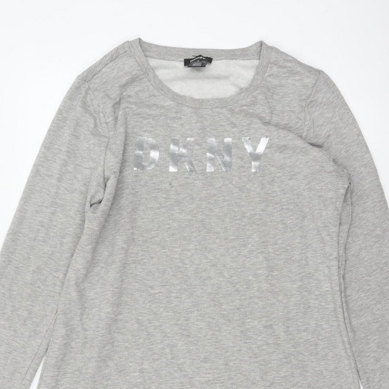 DKNY Women Grey S French Terry Jumper Dress Logo Graphic Long Sleeve