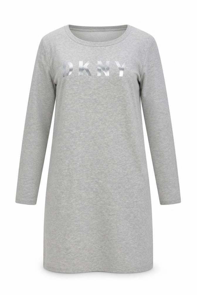 DKNY Women Grey S French Terry Jumper Dress Logo Graphic Long Sleeve