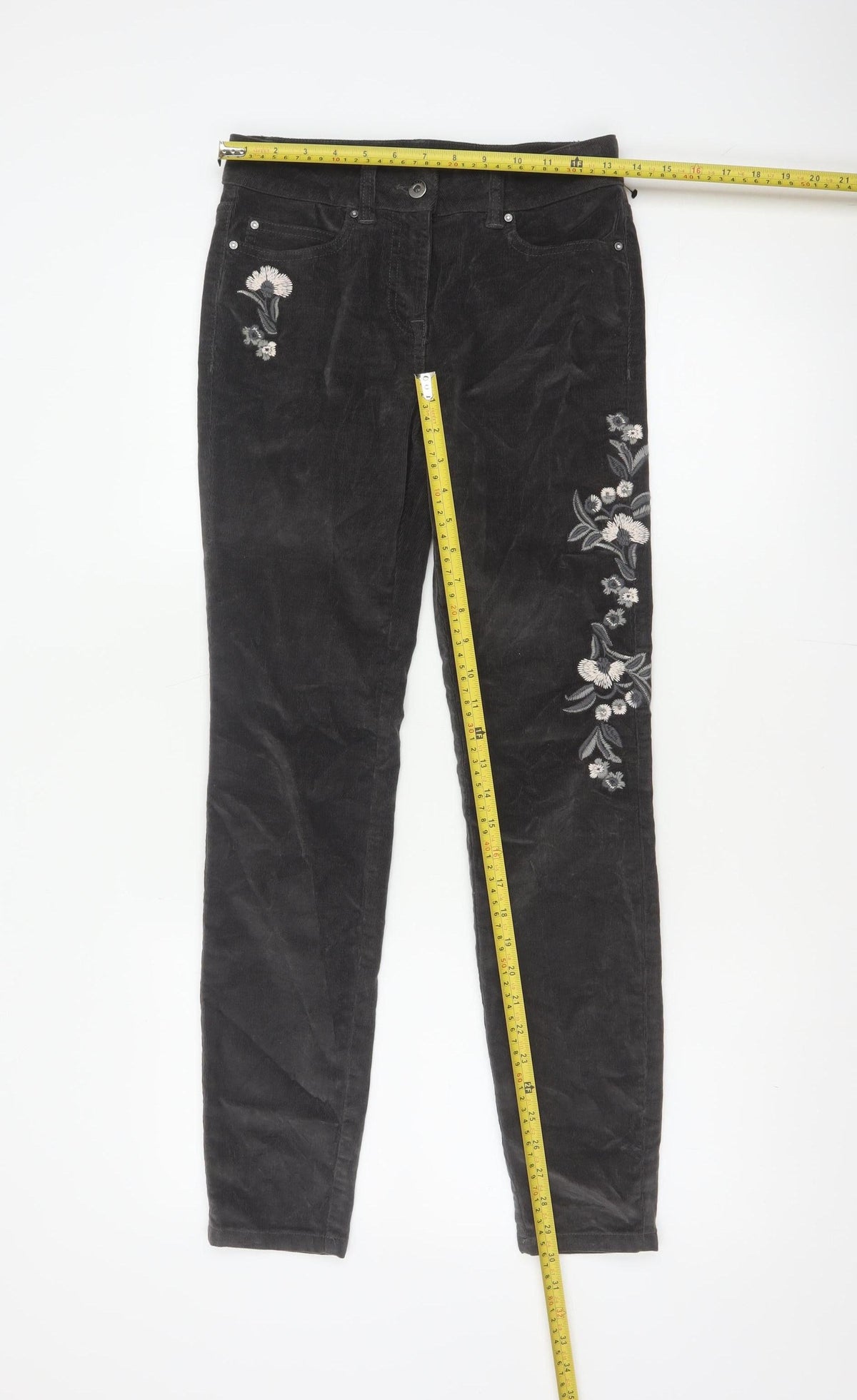 Next Women’s Black UK 6 Skinny Corduroy Floral Embroidered Trousers