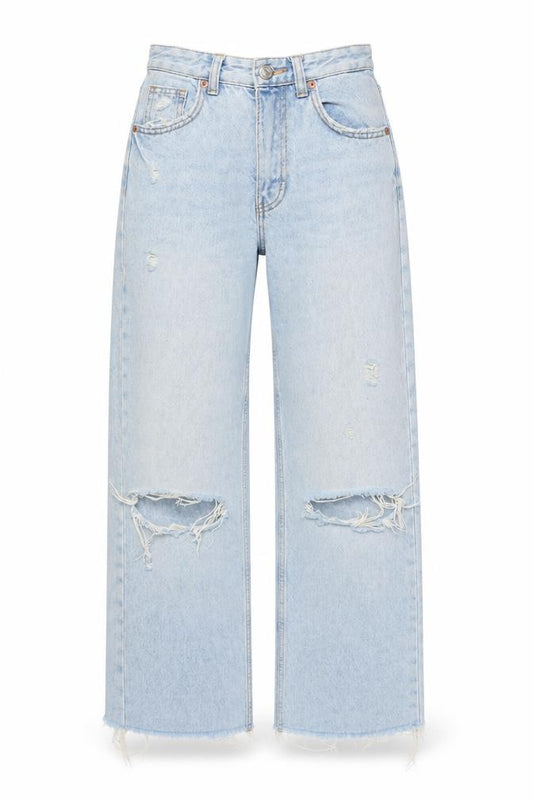 Zara Women Blue UK 4 High Rise Wide-Leg Distressed Jeans