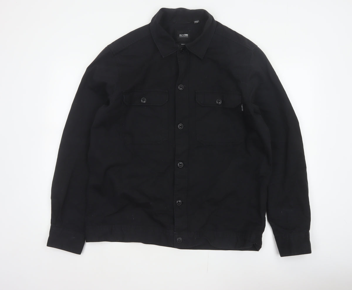 Only & Sons Men’s Black L Cotton Button Up Overshirt Basic Jacket