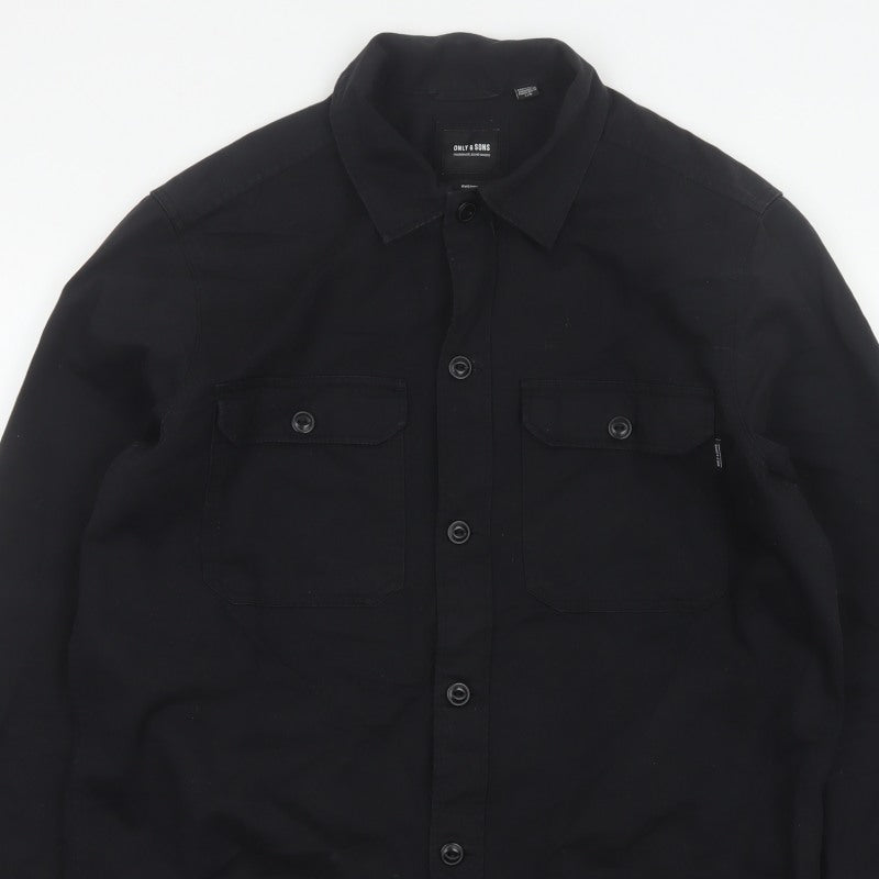 Only & Sons Men’s Black L Cotton Button Up Overshirt Basic Jacket
