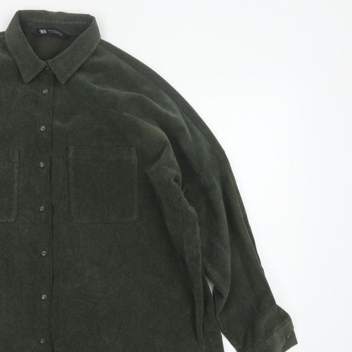 Zara Women Green M Basic Corduroy Button-Up Shirt Long Sleeve Pockets