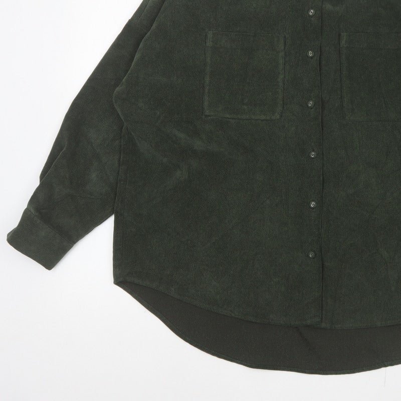 Zara Women Green M Basic Corduroy Button-Up Shirt Long Sleeve Pockets