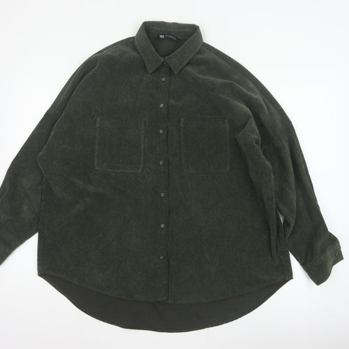 Zara Women Green M Basic Corduroy Button-Up Shirt Long Sleeve Pockets