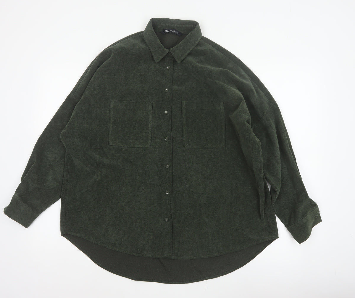 Zara Women Green M Basic Corduroy Button-Up Shirt Long Sleeve Pockets