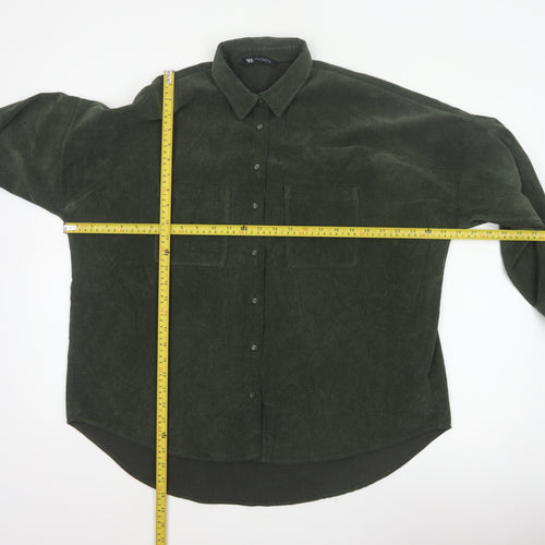 Zara Women Green M Basic Corduroy Button-Up Shirt Long Sleeve Pockets