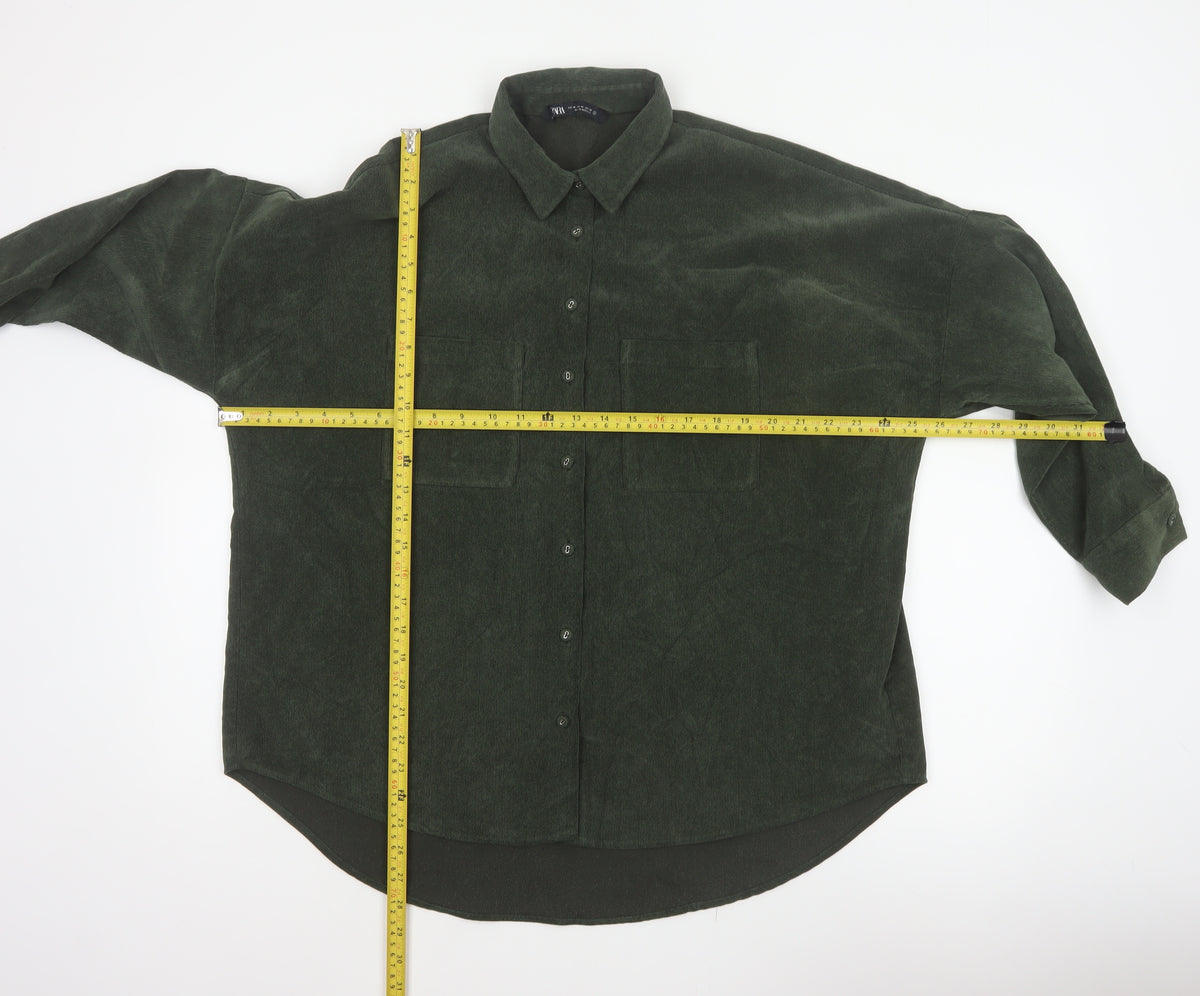 Zara Women Green M Basic Corduroy Button-Up Shirt Long Sleeve Pockets