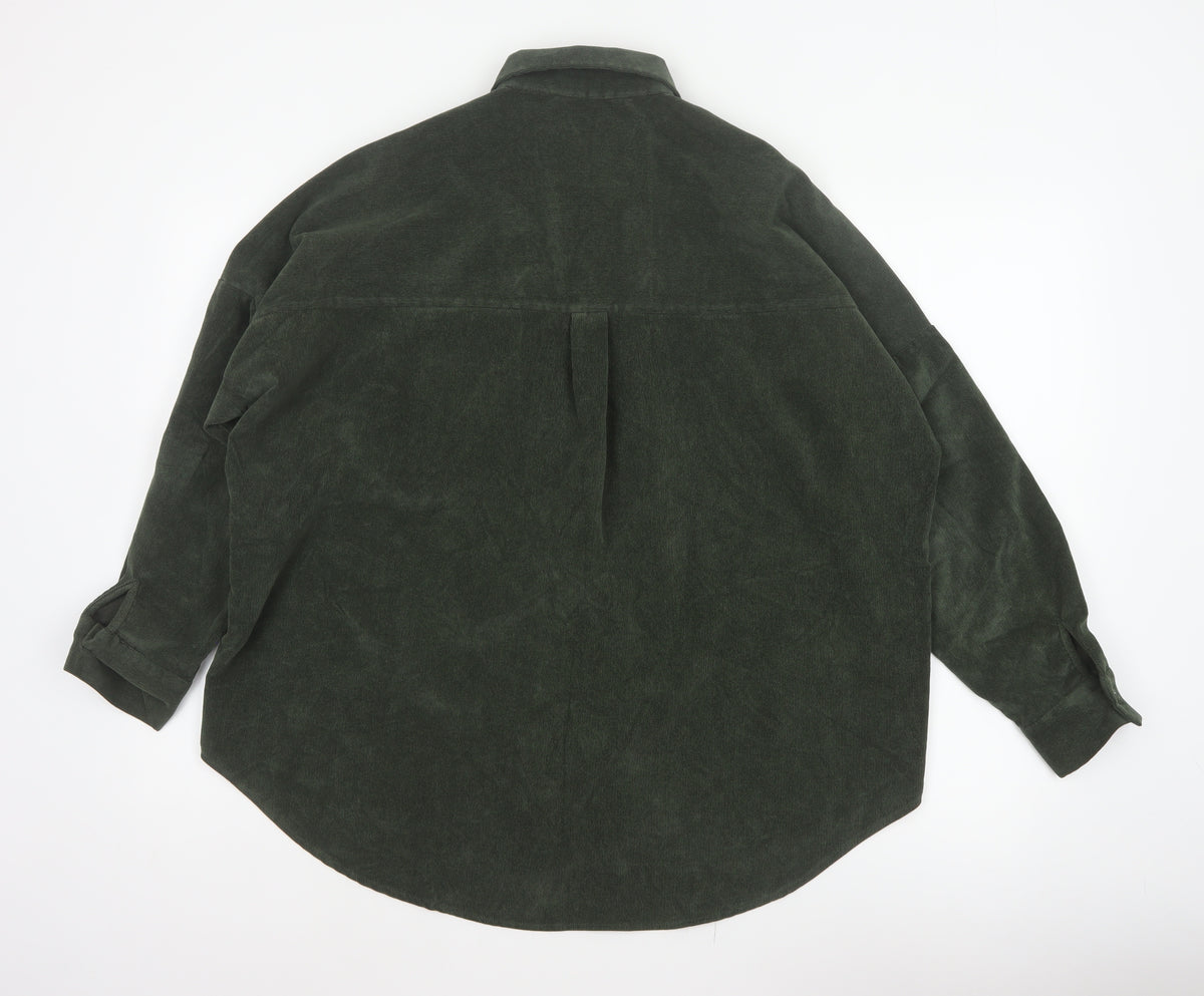 Zara Women Green M Basic Corduroy Button-Up Shirt Long Sleeve Pockets
