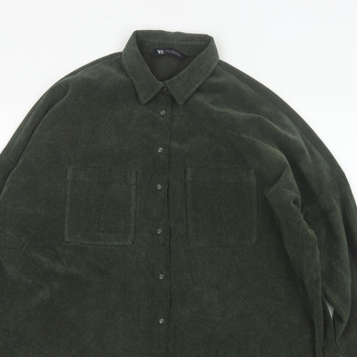 Zara Women Green M Basic Corduroy Button-Up Shirt Long Sleeve Pockets
