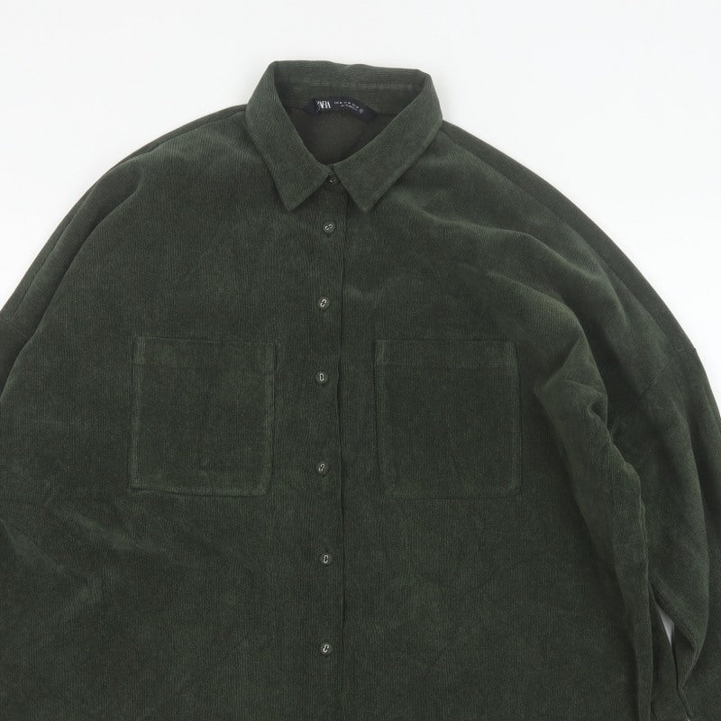 Zara Women Green M Basic Corduroy Button-Up Shirt Long Sleeve Pockets