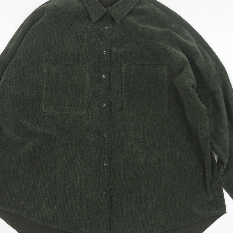 Zara Women Green M Basic Corduroy Button-Up Shirt Long Sleeve Pockets
