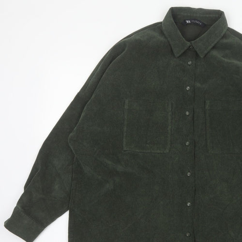 Zara Women Green M Basic Corduroy Button-Up Shirt Long Sleeve Pockets