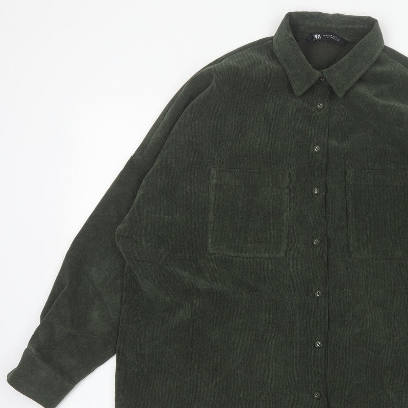 Zara Women Green M Basic Corduroy Button-Up Shirt Long Sleeve Pockets