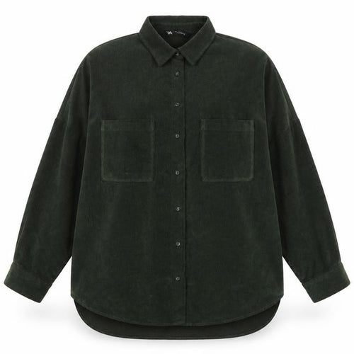 Zara Women Green M Basic Corduroy Button-Up Shirt Long Sleeve Pockets